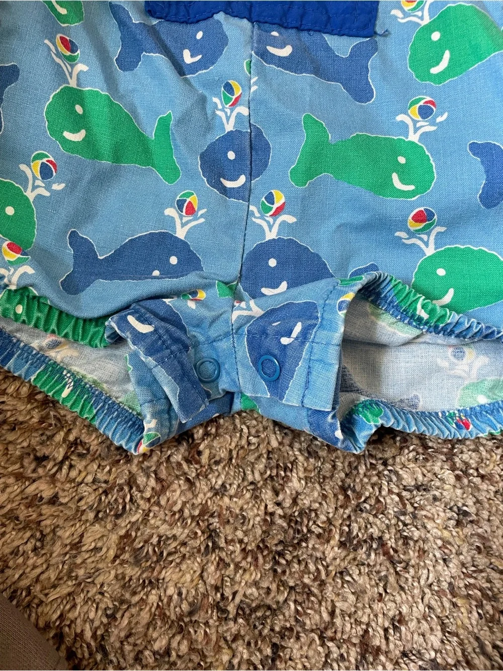 Rare Vintage OshKosh B'gosh Blue & Green Whale Print Baby Overall Shorts